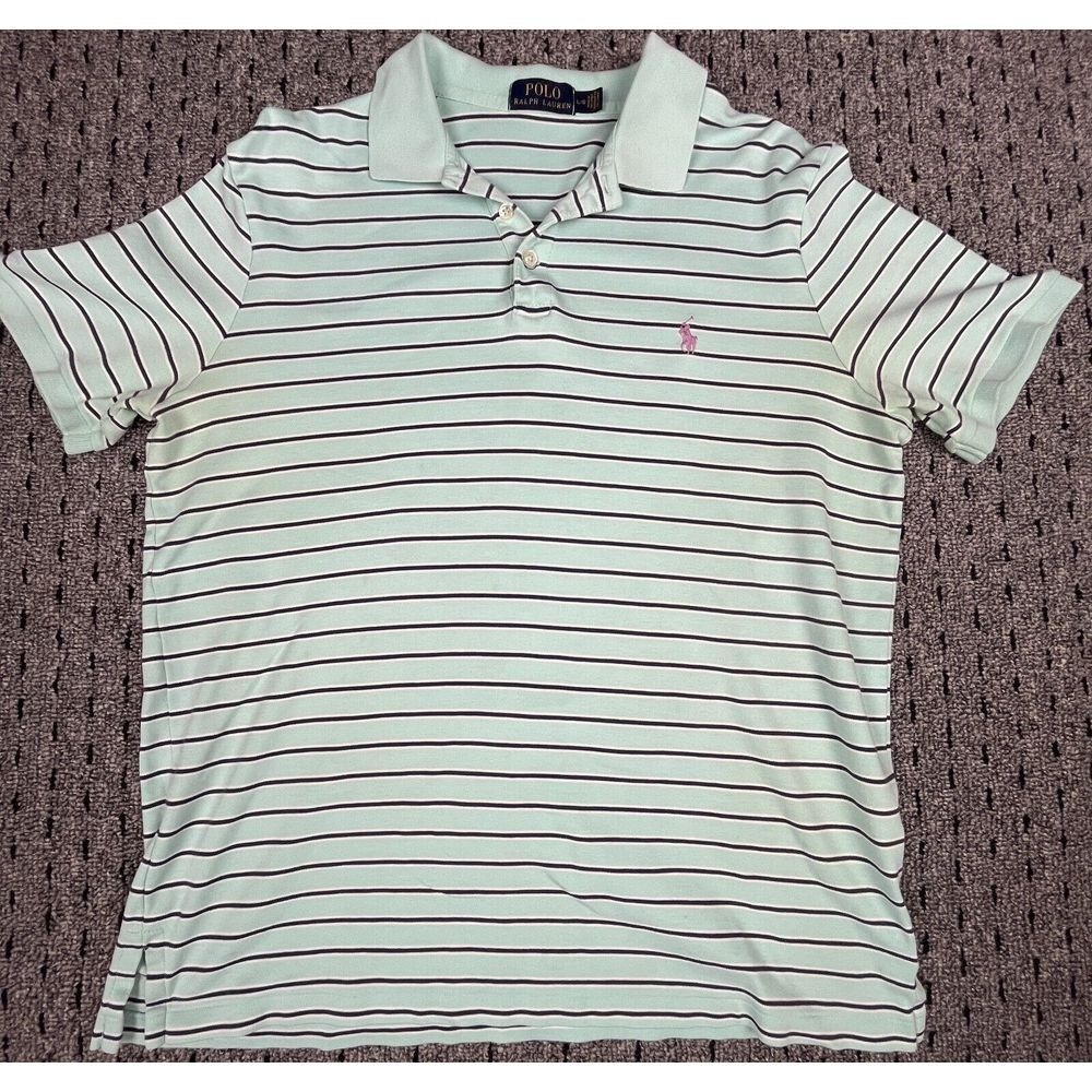 Polo Ralph Lauren Polo Shirt Mens Large Light Green Blue Stripe Short‎ Sleeve